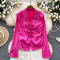 french elegant non-stretch satin 6 colors 3d flower long sleeve blouse_Black_White_Pink_Red_Magenta