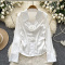 french elegant non-stretch satin 6 colors 3d flower long sleeve blouse_Black_White