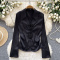 french elegant non-stretch satin 6 colors 3d flower long sleeve blouse_Black
