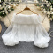exquisite slight stretch off shoulder lantern sleeve ruffle all-match blouse_Black_White