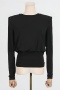 elegant slight stretch pure color backless shoulder padded long sleeve blouse_Black