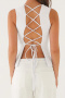 casual non-stretch slim fit cotton and linen fabric backless lace-up vest_White