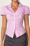 casual non-stretch slim fit striped print pleated short-sleeved shirt_Pink