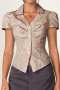 casual non-stretch slim fit striped print pleated short-sleeved shirt_Pink_Khaki