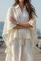casual slight stretch solid color hollow knitted loose tassel shawl_White_Beige
