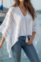 casual slight stretch solid color hollow knitted loose tassel shawl_White