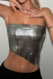 sexy non-stretch solid color tube top metal sequins slit lace-up crop vest_Black_Gray
