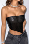 sexy non-stretch solid color tube top metal sequins slit lace-up crop vest_Black