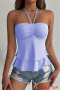casual slight stretch solid color halter neck drawstring ruffle vest_Black_White_Yellow_Sky Blue_Light Purple