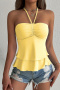 casual slight stretch solid color halter neck drawstring ruffle vest_Black_White_Yellow