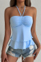 casual slight stretch solid color halter neck drawstring ruffle vest_Black_White_Yellow_Sky Blue