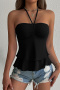 casual slight stretch solid color halter neck drawstring ruffle vest_Black