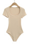 casual slight stretch square neck solid color bodysuit(size run small)_Black_White_Gray_Dark Gray_Rose Red_Dark Blue_Beige