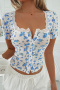 stylish slight stretch floral print lace stitching single-breasted all-match top_Pink_Yellow_Blue