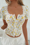 stylish slight stretch floral print lace stitching single-breasted all-match top_Pink_Yellow
