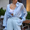 stylish non-stretch pure color single-breasted long sleeve blouse(no underwear)_White_Sky Blue