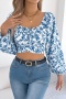stylish non-stretch floral printing square collar all-match blouse_White_Green_Blue