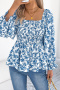 casual non-stretch floral printing 3 colors square collar smocked blouse_White_Green_Blue