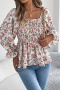 casual non-stretch floral printing 3 colors square collar smocked blouse_White