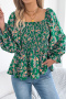 casual non-stretch floral printing 3 colors square collar smocked blouse_White_Green