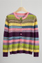 casual slight stretch 6-colors thin multi-color striped knitted cardigan_Pink_Yellow_Green_Blue_Beige_Multicolor
