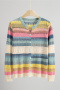 casual slight stretch 6-colors thin multi-color striped knitted cardigan_Pink_Yellow_Green_Blue_Beige