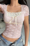 exquisite slight stretch color-block lace stitching square collar bow decor top_Pink