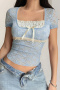 exquisite slight stretch color-block lace stitching square collar bow decor top_Pink_Sky Blue