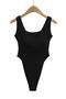casual slight stretch solid color crew neck padded bodysuit(size run small)_Black