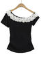casual slight stretch 3 colors ruffle decor t-shirts(size run small)_Black