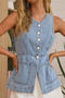 casual non-stretch denim v-neck button sleeveless jacket_Sky Blue