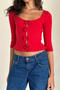 casual slight stretch solid color slim fit flower decor three-quarter sleeve top_Red