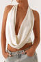 sexy non-stretch solid deep v-neck halter neck large backless sequined vest_White