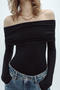 casual slight stretch 3 colors off shoulder solid color bodysuit_Black