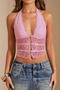 sexy slight stretch halter neck see-through lace stitching backless vest_Black_White_Light Pink