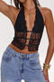 sexy slight stretch halter neck see-through lace stitching backless vest_Black