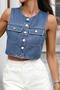 casual non-stretch new solid color slim fit crop denim vest_Black_Blue