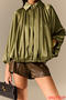 casual non-stretch lapel solid color lantern sleeves blouses_Dark Green