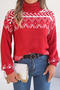 casual retro slight stretch color-block knitted long sleeve loose sweater_Black_Red