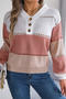 casual slight stretch cut out color-block knitted v-neck button sweater_Dark Gray_Pink