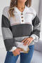 casual slight stretch cut out color-block knitted v-neck button sweater_Dark Gray