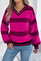 stylish slight stretch color-block knitted v-neck lantern sleeve sweater_White_Magenta