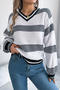 stylish slight stretch color-block knitted v-neck lantern sleeve sweater_White