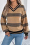 stylish slight stretch color-block knitted v-neck lantern sleeve sweater_White_Magenta_Khaki