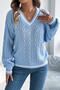 stylish slight stretch twist knitted v-neck lantern sleeve all-match sweater_White_Sky Blue