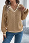 stylish slight stretch twist knitted v-neck lantern sleeve all-match sweater_White_Sky Blue_Khaki