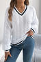 stylish slight stretch twist knitted v-neck lantern sleeve all-match sweater_White