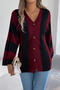 casual stretch color-block knitted v-neck single-breasted sweater_Gray_Rose Red