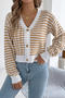 casual stretch stripe knitted v-neck single-breasted all-match sweater_Black_Rose Red_Khaki 