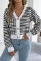 casual stretch stripe knitted v-neck single-breasted all-match sweater_Black